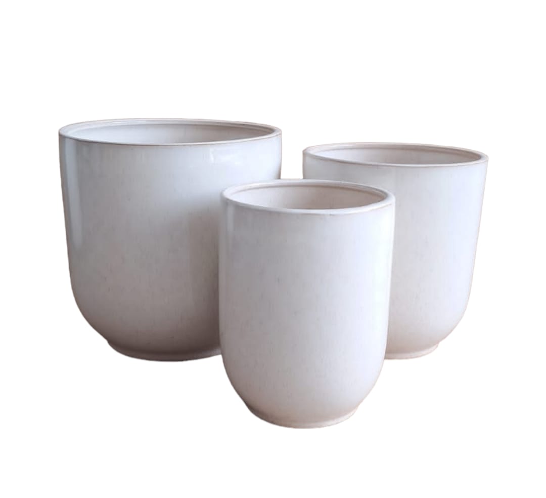 Glazed White Ceramic Pot (3 Pcs Set) - PlantmartUAE.com