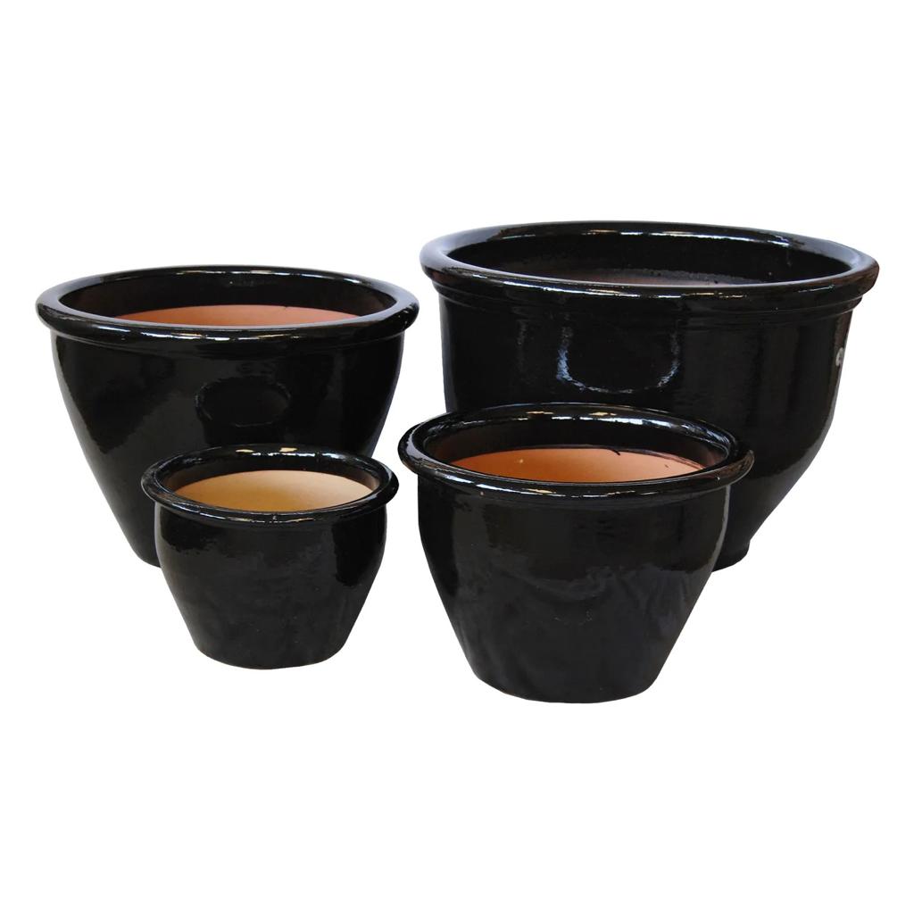 ROUND RIM CERAMIC POT BLACK GLAZED FINISH NTB-1002 | PlantmartUAE.com